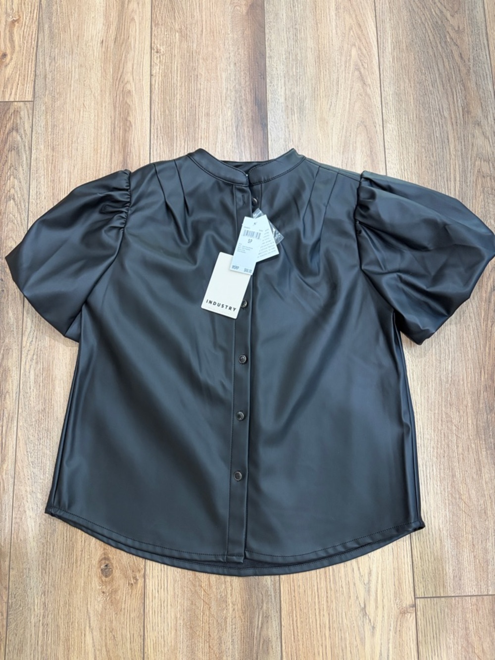 NWT Industry Republic Clothing Black Faux-Leather Puff Sleeve Button-Back Top
